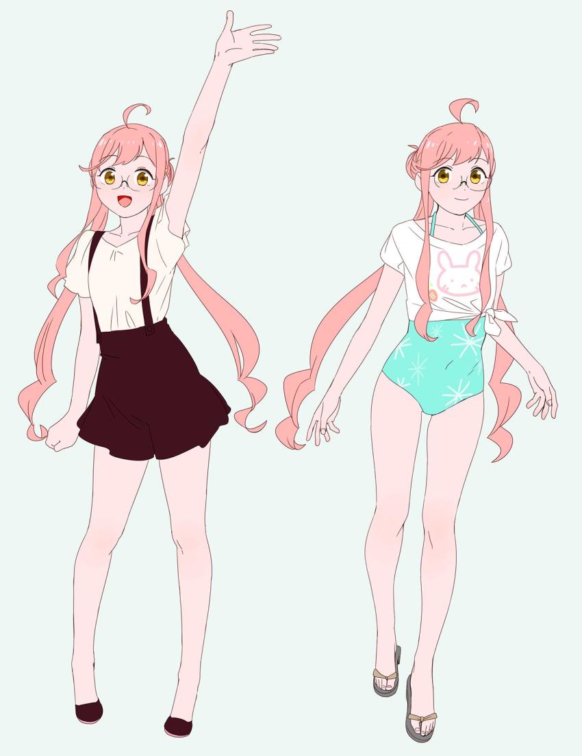 2girls, ahoge, aqua_one-piece_swimsuit, bad_id, bad_twitter_id, blouse, casual, casual_one-piece_swimsuit