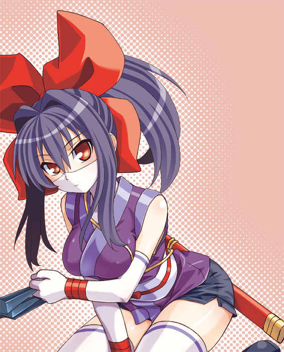 1girl, breasts, commentary_request, elbow_gloves, female_focus, gloves, hair_intakes, hair_ribbon