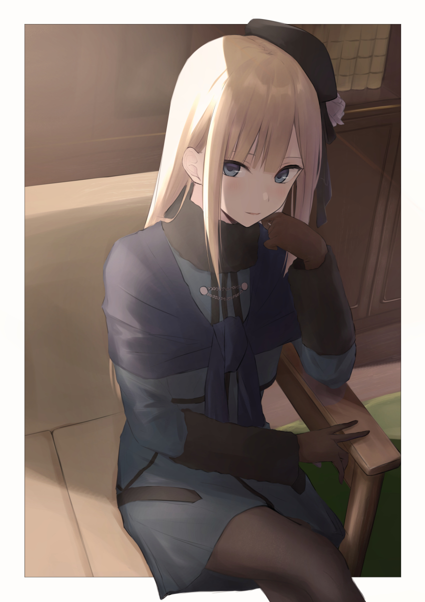 1girl, absurdres, black_hat, black_pantyhose, blue_eyes, blue_jacket, brown_gloves, commentary_request