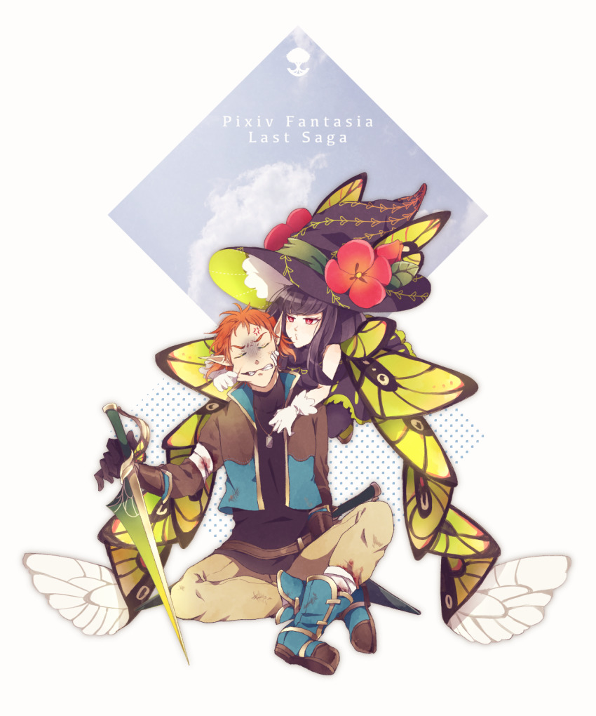 1boy, 1girl, anger_vein, animal_print, bandaged_arm, bandages, black_hair, black_headwear