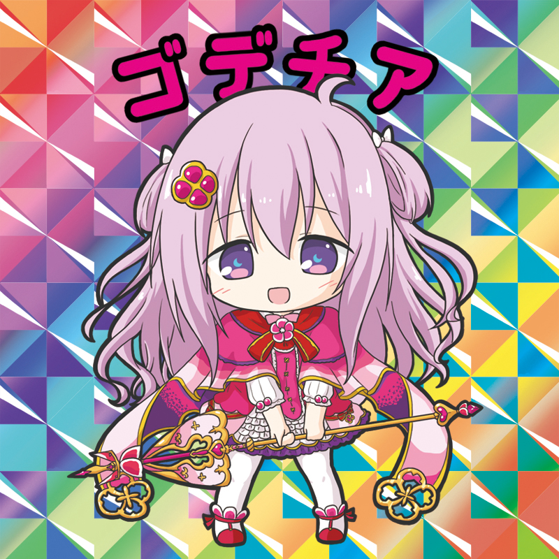 :d, bikkuriman_(style), blush, bow, character_name, chibi, crescent-shaped_pupils, dress