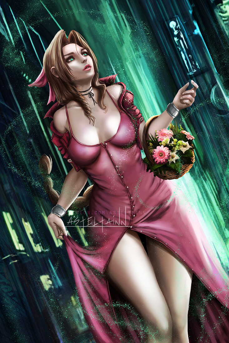 1girl, aerith_gainsborough, anastasia_(asteltainn), bare_shoulders, basket, bracelet, braid, breasts