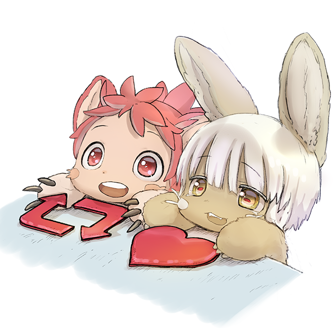 1girl, 1other, animal_ears, blush_stickers, bongo_cat_(meme), claws, furry, furry_female, furry_other, made_in_abyss, meme, mitty_(furry)_(made_in_abyss), mitty_(made_in_abyss), nanachi_(made_in_abyss), official_art, open_mouth, rabbit_ears, red_eyes, red_hair, simple_background, teeth, tsukushi_akihito, twitter, whiskers, white_background, white_hair