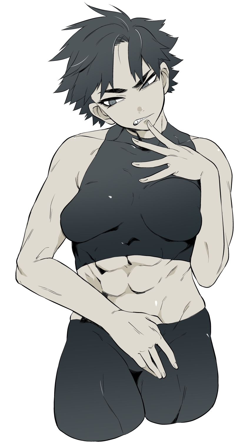 1girl, abs, absurdres, bike_shorts, black_hair, breasts, female_focus, highres