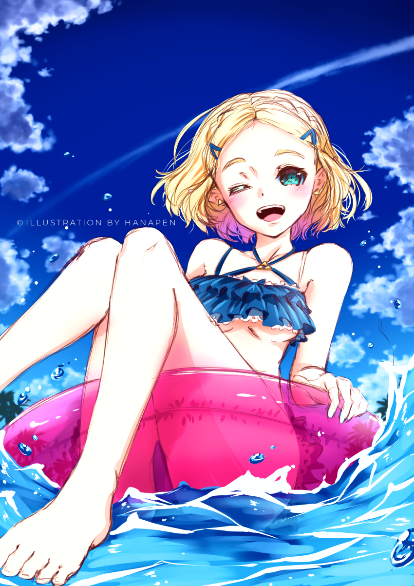 1girl, ;d, absurdres, afloat, artist_name, bare_legs, bare_shoulders, barefoot