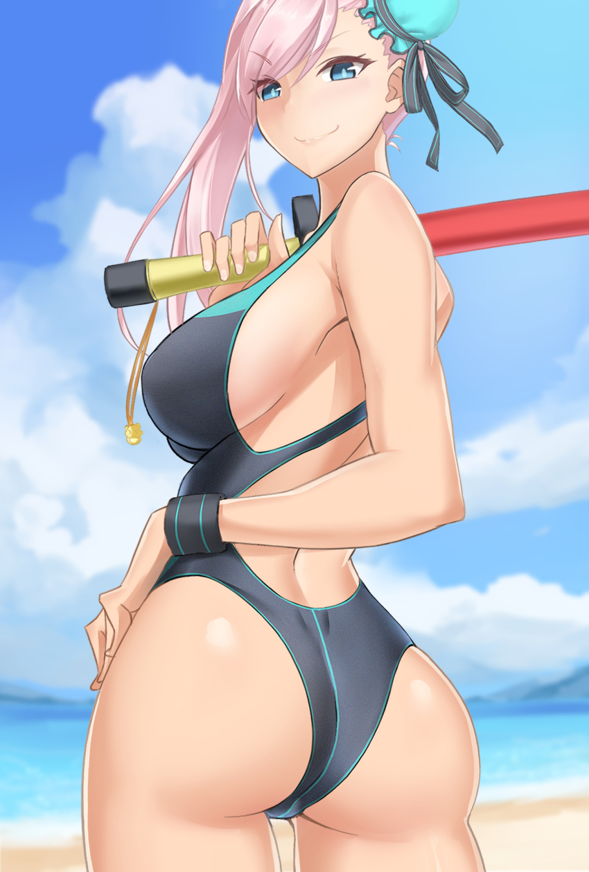 1girl, ass, asymmetrical_hair, back, black_one-piece_swimsuit, blue_eyes, blue_sky, blurry