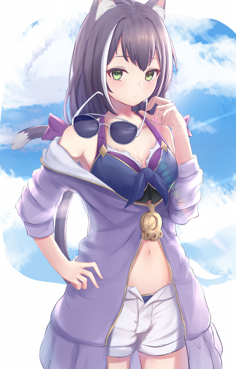 1girl, animal_ear_fluff, animal_ears, bare_shoulders, bikini, black_hair, blue_bikini, breasts