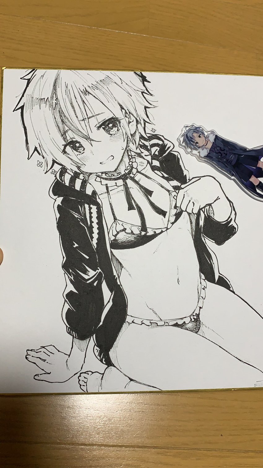 1boy, bikini, black_bikini, black_jacket, blush, bulge, collarbone, commentary, feet_out_of_frame, from_above, highres, jacket, long_sleeves, looking_at_viewer, male_focus, meme50, monochrome, navel, nijisanji, open_clothes, open_jacket, open_mouth, photo_(medium), shikishi, simple_background, sitting, solo, suzuki_masaru, suzuki_masaru_(1st_costume), suzuki_masaru_(ruko), sweatdrop, swimsuit, thighs, trap, virtual_youtuber