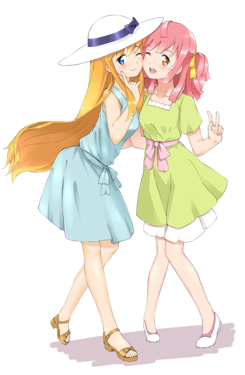 2girls, anime-gataris, asagaya_minoa, blonde_hair, blue_dress, bow, breasts, dress