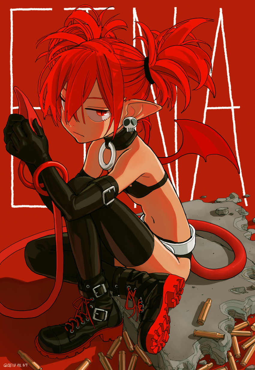 1girl, black_boots, black_gloves, black_thighhighs, boots, character_name, dated, demon_girl, demon_tail, demon_wings, disgaea, earrings, elbow_gloves, etna_(disgaea), expressionless, female_focus, flat_chest, glaring, gloves, hair_between_eyes, highres, isle118, jewelry, jitome, long_hair, looking_at_viewer, makai_senki_disgaea, mini_wings, navel, pointy_ears, red_eyes, red_hair, red_theme, red_wings, shell_casing, shoe_soles, shoelaces, skull_earrings, solo, tail, thighhighs, twitter_username, wings