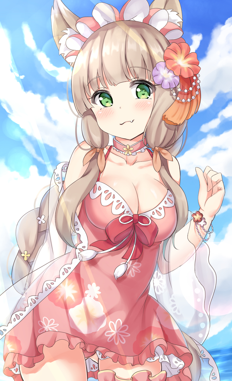 1girl, animal_ear_fluff, animal_ears, bare_shoulders, blue_sky, blunt_bangs, blush, bracelet
