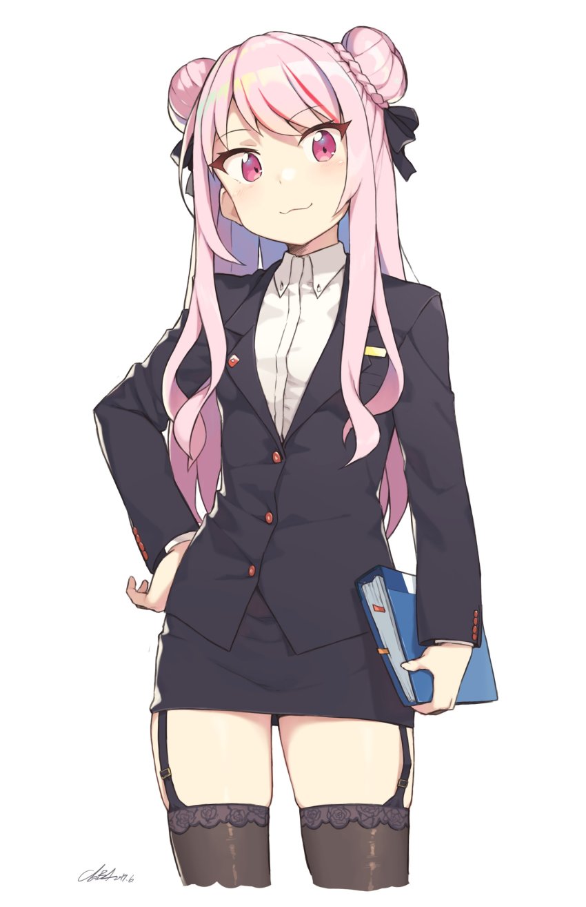 1girl, absurdres, bad_id, bad_twitter_id, binder, black_garter_straps, black_thighhighs, blouse