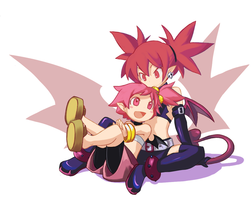 00s, 2girls, :d, bat_wings, bike_shorts, blush_stickers, bracelet, demon_girl, detached_sleeves, disgaea, earrings, etna_(disgaea), hair_bobbles, hair_ornament, hanako_(disgaea), jewelry, laughing, makai_senki_disgaea, makai_senki_disgaea_2, midriff, miniskirt, multiple_girls, nippon_ichi, noko351, open_mouth, pink_eyes, pink_hair, pink_shorts, pointy_ears, ponytail, purple_thighhighs, red_eyes, red_hair, sandals, shoes, short_hair, short_twintails, shorts, side_ponytail, sitting, skirt, smile, tail, thighhighs, twintails, wings, zettai_ryouiki