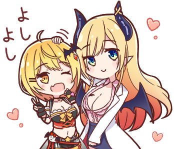2girls, ahoge, bat_hair_ornament, blonde_hair, breasts, choker, cleavage, closed_mouth