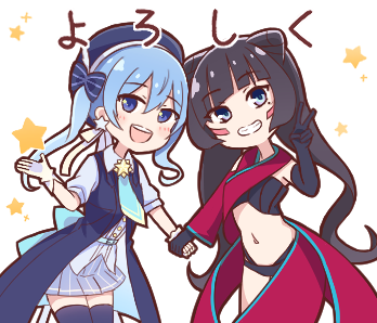 2girls, azki_(1st_costume)_(hololive), azki_(hololive), azki_(vsinger), beret, black_gloves, black_hair, blue_eyes