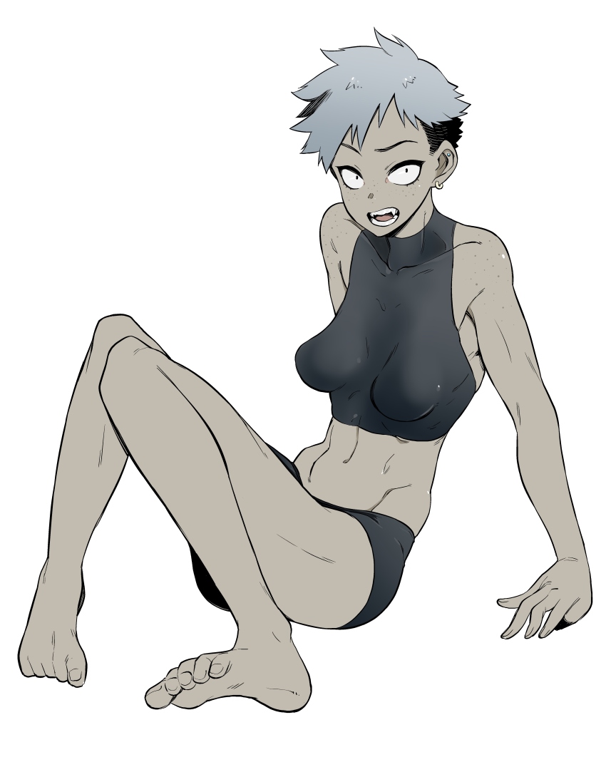 1girl, absurdres, arm_support, barefoot, bike_shorts, breasts, dark_skin, dark-skinned_female