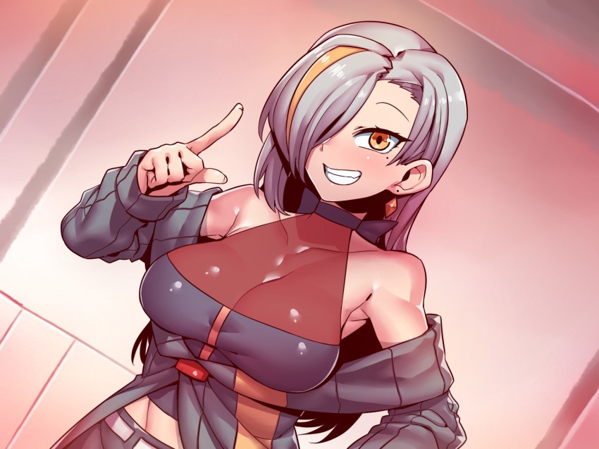 1girl, armpits, bare_shoulders, breasts, choker, cleavage, clenched_teeth, earrings