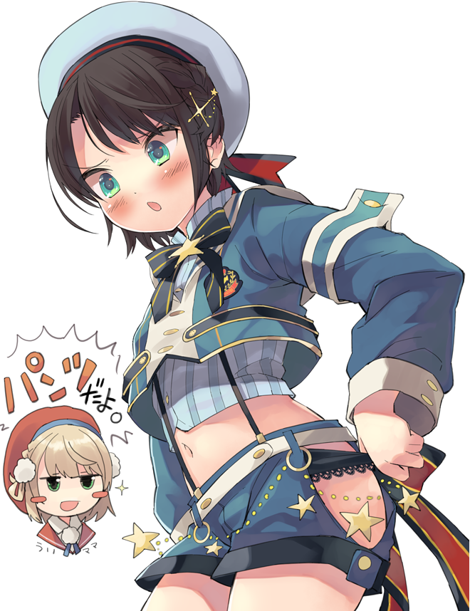 armband, belt, black_bow, black_hair, black_panties, blue_jacket, blush, blush_stickers, bow, braid, buttons, chibi, commentary, cowboy_shot, crop_top, frilled_panties, frills, green_eyes, hair_ornament, hololive, idol_clothes, indie_virtual_youtuber, jacket, jitome, light_brown_hair, long_sleeves, navel, oozora_subaru, oozora_subaru_(suspenders), open_mouth, panties, pom_pom_(clothes), pom_pom_hair_ornament, red_headwear, shigure_ui_(vtuber), shigure_ui_(1st_costume)_(vtuber), short_hair, star_(symbol), taker_(flamestorm), thighs, underwear, virtual_youtuber, white_background, white_belt, white_headwear