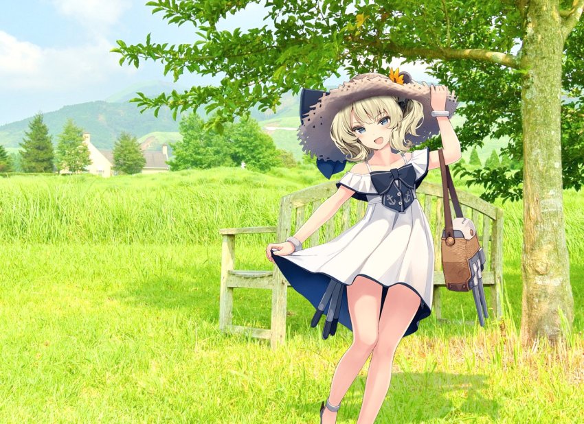 1girl, bad_id, bad_twitter_id, bag, bench, black_bow, blonde_hair, blue_eyes