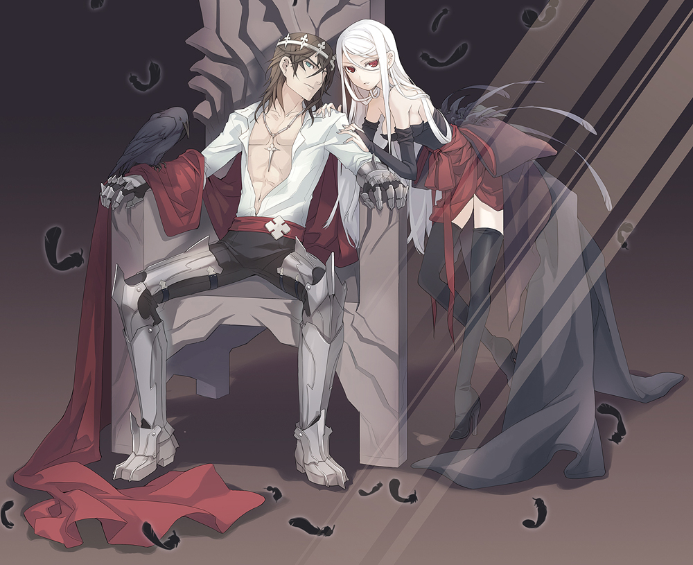 1boy, 1girl, animal_on_arm, armor, bird, bird_on_arm, breasts, cape, crown, feathers, gauntlets, goth_fashion, greaves, h2so4, jewelry, medium_breasts, odin, odin_(mythology), odin_(odin_sphere), on_throne, original, pendant, thighhighs, throne