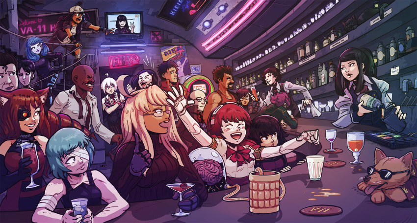 6+boys, 6+girls, ?, ahoge, alcohol, alma_armas, android, animal_ears