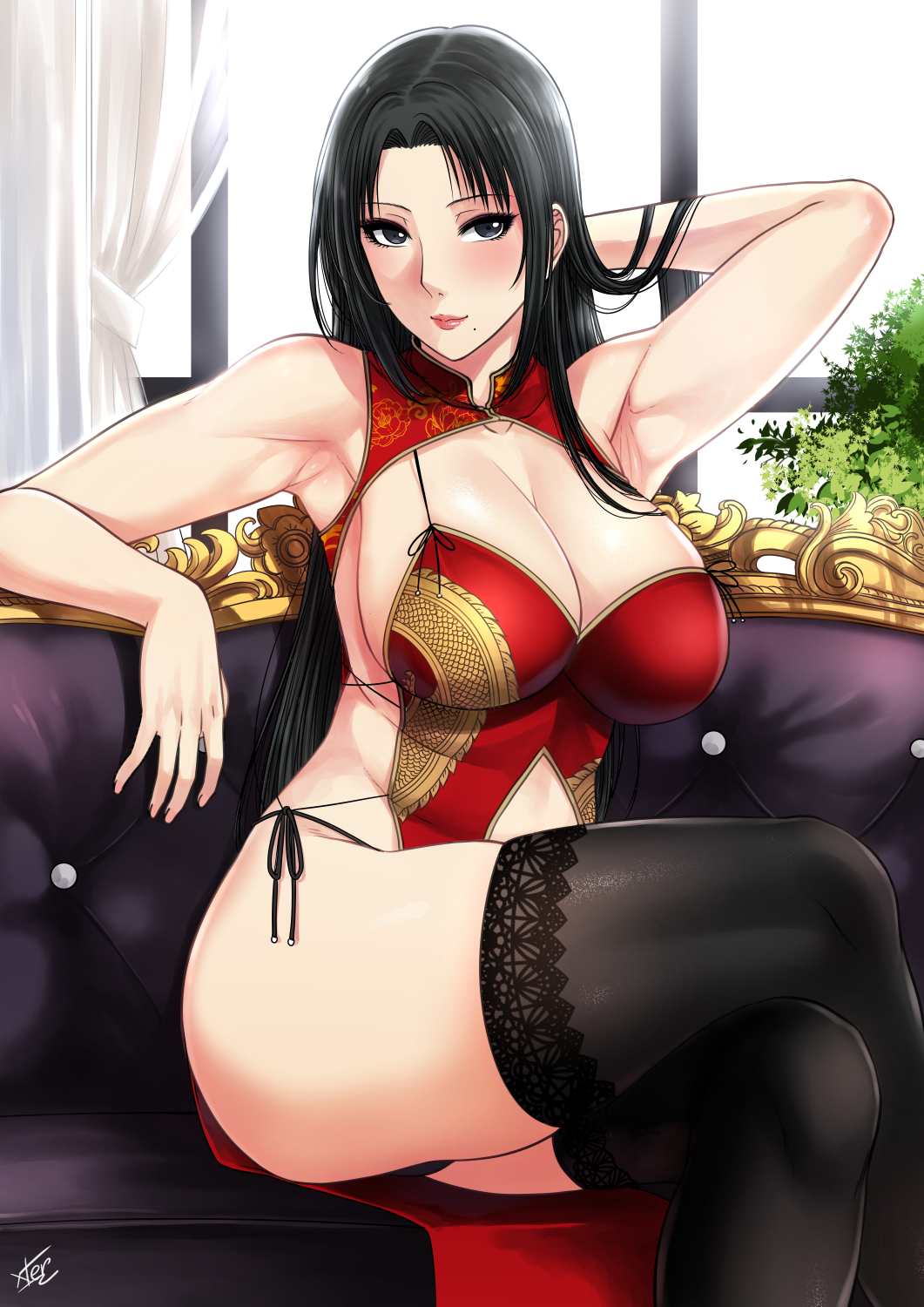 1girl, arm_behind_head, armpits, bad_id, bad_pixiv_id, black_eyes, black_hair, black_panties, black_thighhighs, blush, breasts, china_dress, chinese_clothes, cleavage, closed_mouth, dress, elbow_rest, eyeshadow, female_focus, highres, huge_breasts, long_hair, looking_at_viewer, makeup, mature_female, nush_(xter), original, panties, pelvic_curtain, red_dress, side-tie_costume, sidelocks, signature, sitting, sleeveless, smile, solo, straight_hair, thighhighs, thighs, toned, underwear, xter