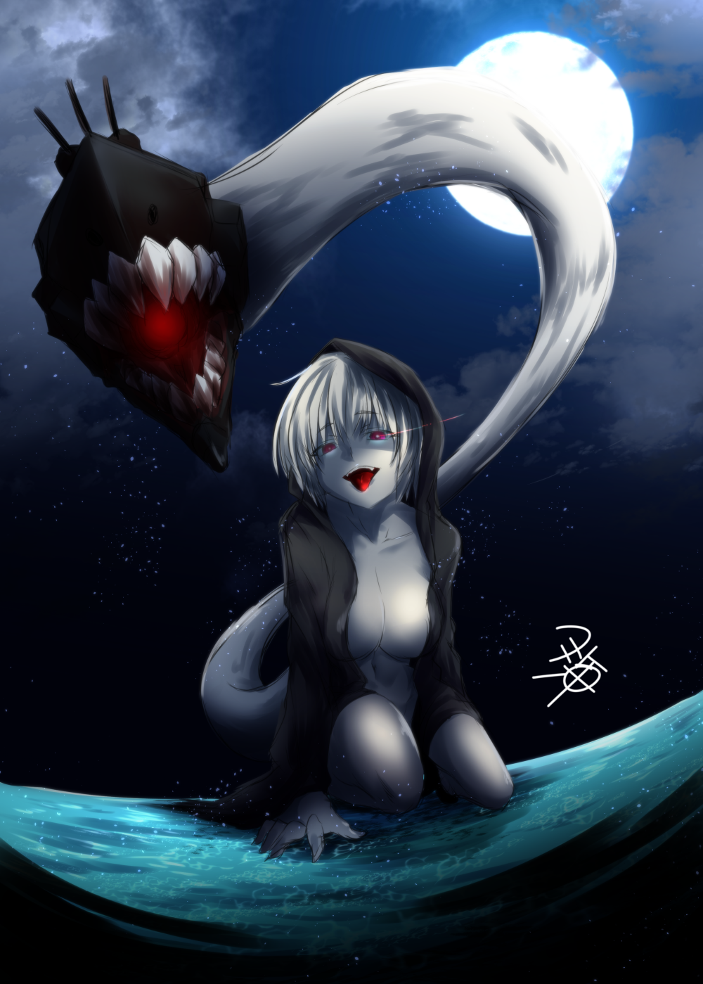 1girl, abyssal_ship, black_sky, breasts, collarbone, female_focus, glowing, glowing_eyes