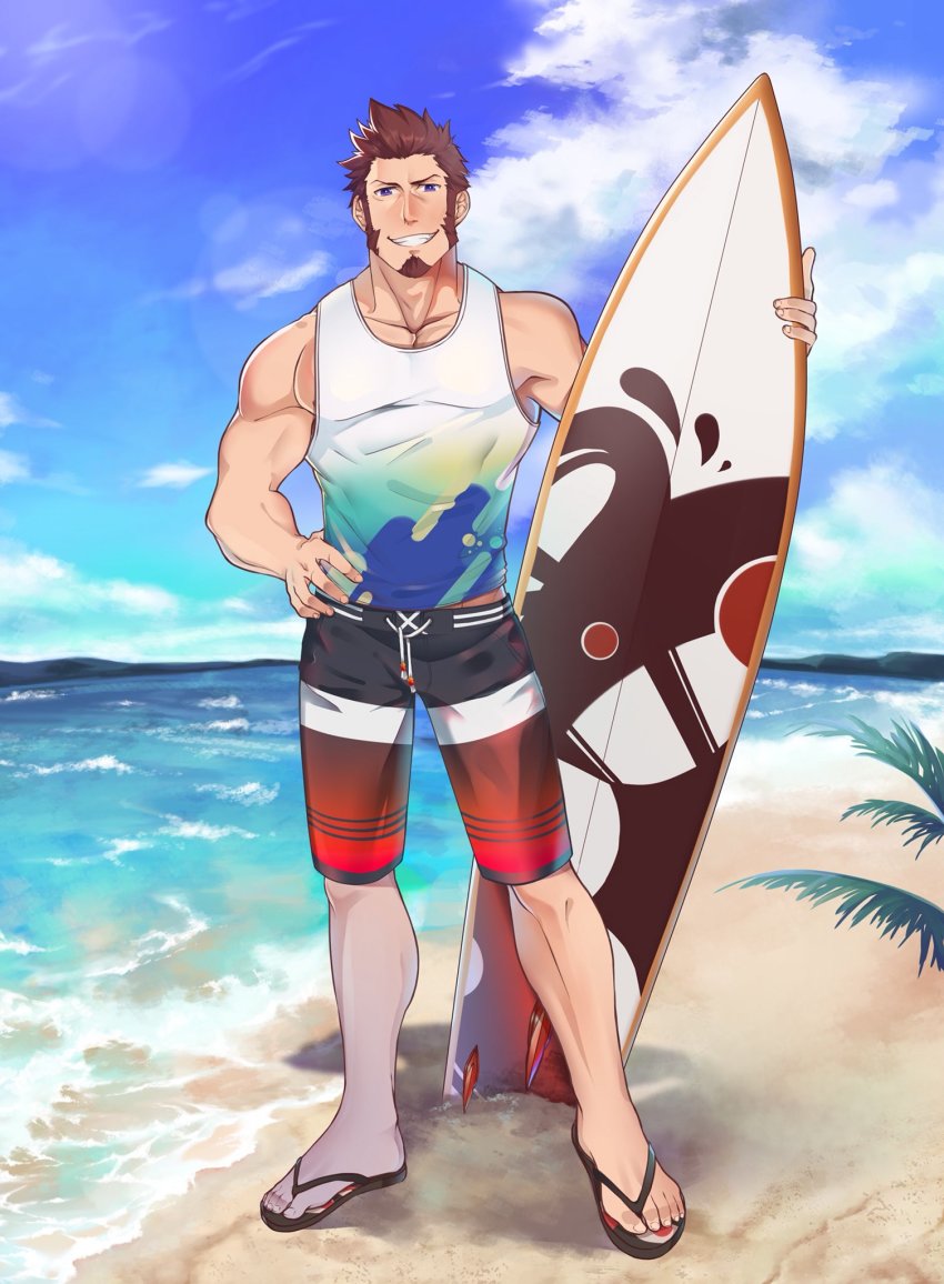 1boy, abs, alternate_costume, bara, beard, blue_eyes, brown_hair, cloud