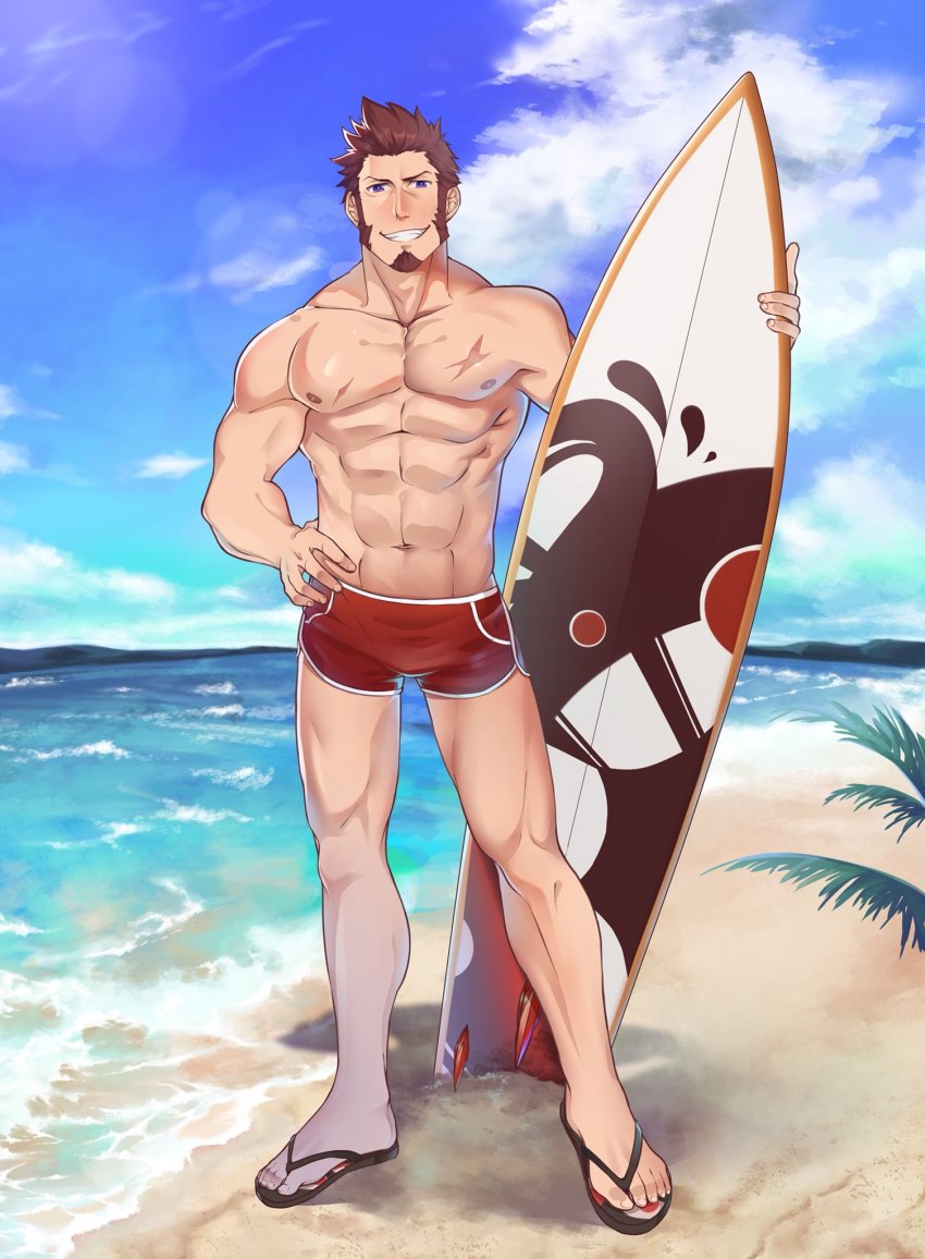 1boy, abs, bara, beard, blue_eyes, brown_hair, cloud, cloudy_sky, day, facial_hair, fate/grand_order, fate_(series), full_body, highres, icelernd, large_pectorals, long_sideburns, looking_at_viewer, male_focus, muscular, napoleon_bonaparte_(fate), nipples, ocean, pectorals, sandals, scar, shorts, sideburns, sky, smile, solo, surfboard, swimsuit, topless_male