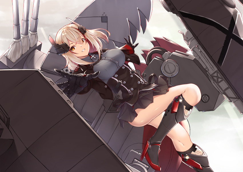 1girl, absurdres, armband, azur_lane, black_jacket, black_skirt, blonde_hair, boots