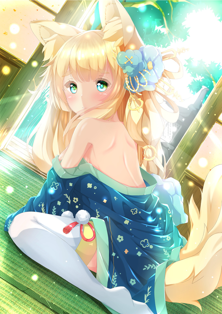 1girl, animal_ear_fluff, animal_ears, azur_lane, bare_back, bare_shoulders, blonde_hair, blue_eyes, blush, commentary_request, day, dutch_angle, female_focus, flower, fox_ears, fox_tail, from_behind, green_eyes, hair_flower, hair_ornament, highres, indoors, japanese_clothes, kaoru-coro, kimono, long_hair, looking_at_viewer, multicolored_eyes, multiple_tails, niizuki_(azur_lane), off_shoulder, shouji, shoulder_blades, sidelocks, sitting, sliding_doors, solo, sunlight, tail, tatami, thick_eyebrows, thighhighs, wariza, white_thighhighs