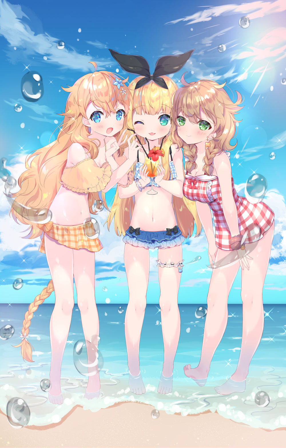 3girls, ;d, bare_arms, bare_legs, bare_shoulders, barefoot, beach, bendy_straw