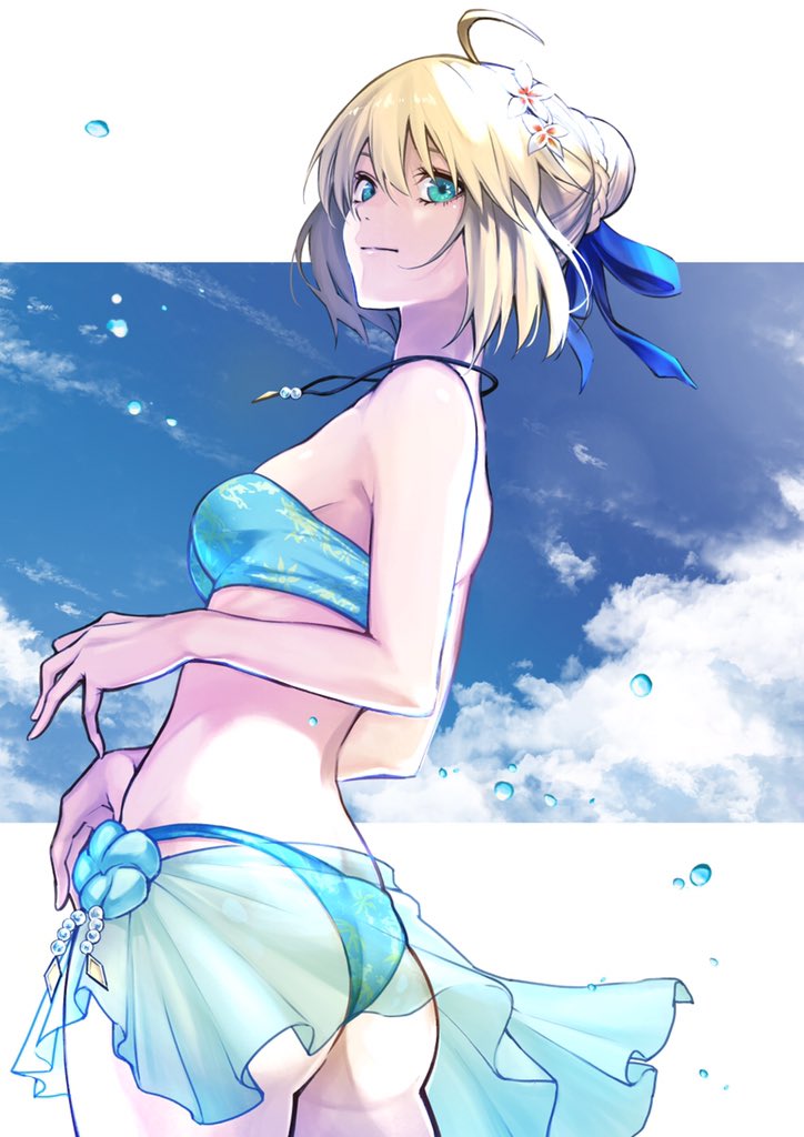 1girl, ahoge, artoria_pendragon_(fate), ass, bandeau, bikini, blonde_hair, blue_bikini, blue_eyes, blue_ribbon, blue_sky, border, braid, braided_bun, breasts, cleavage, cowboy_shot, fate/stay_night, fate_(series), female_focus, flower, fumi_fumi_(7837224), hair_bun, hair_flower, hair_ornament, official_alternate_costume, ribbon, saber_(fate), saber_(resort_vacances)_(fate), sideboob, sky, small_breasts, smile, solo, swimsuit, thighs, white_border