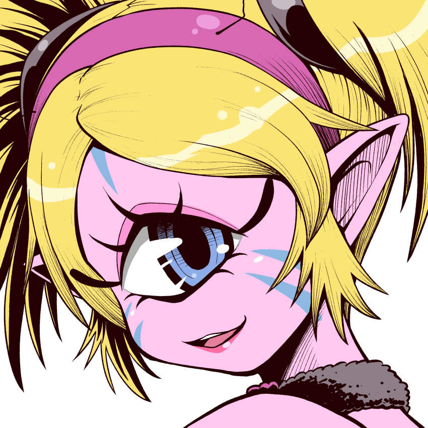 1girl, absurdres, antennae, blonde_hair, blue_eyes, choker, close-up, colored_skin