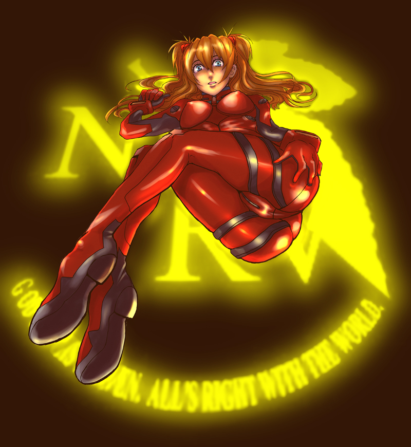 1girl, alpha_(smashbox), arufa, ass, bad_id, bad_pixiv_id, blue_eyes, breasts, covered_erect_nipples, female_focus, full_body, glowing, grabbing_own_ass, hair_ornament, hairclip, long_hair, lying, mecha_pilot_suit, neon_genesis_evangelion, neon_lights, nerv, orange_hair, plugsuit_(evangelion), skin_tight, small_breasts, solo, souryuu_asuka_langley