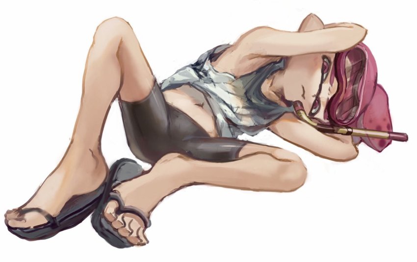 1boy, barefoot, bike_shorts, diving_mask, feet, flip-flops, full_body, goggles