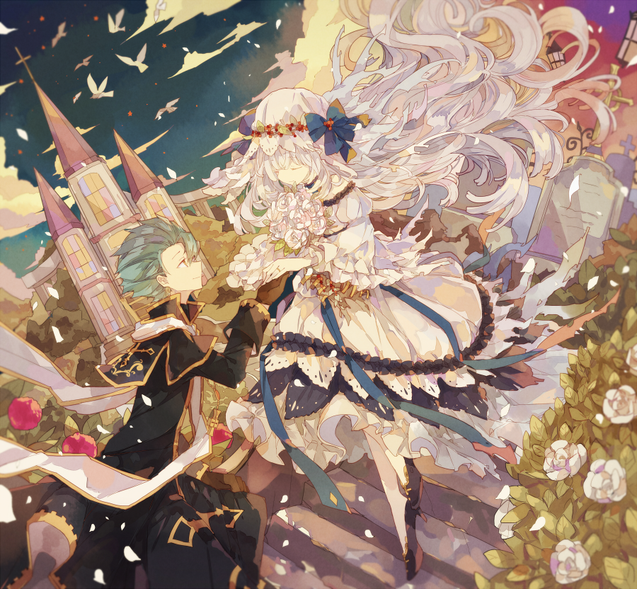 bird, bouquet, bush, church, closed_eyes, cloud, cloudy_sky, cross, cross_necklace, day, dove, dress, eleanor_(merc_storia), flower, gloves, green_hair, hair_over_one_eye, headdress, high_heels, husband_and_wife, hydrangea, jeantol, jewelry, latin_cross, long_hair, merc_storia, mizumizu_(phoenix), necklace, outdoors, petals, priest, ring, rose, sky, stained_glass, stairs, tombstone, very_long_hair, wedding_ring, white_dress, white_flower, white_hair, white_rose, wind, yellow_eyes