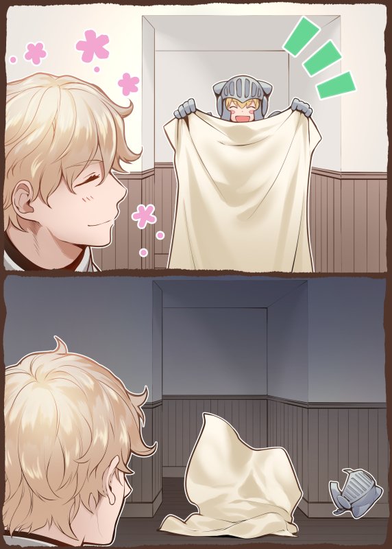 1boy, 1girl, 2koma, ^_^, armor, bed_sheet, blonde_hair, blush_stickers
