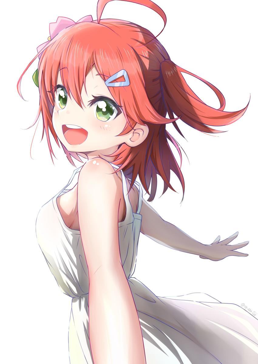 1girl, absurdres, ahoge, alternate_costume, bare_shoulders, breasts, cherry_blossoms, colorized