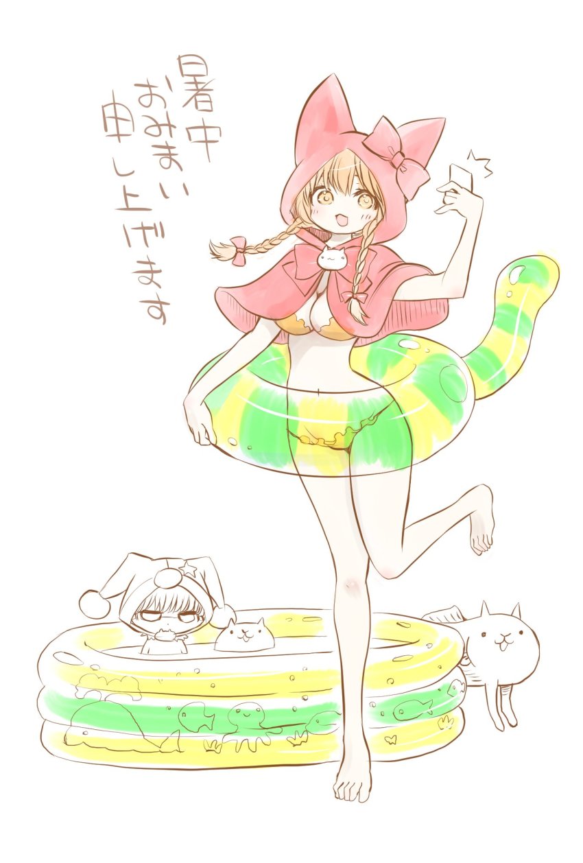 1boy, 1girl, bikini, breasts, cat_(nyanko_daisensou), hat, highres, hood
