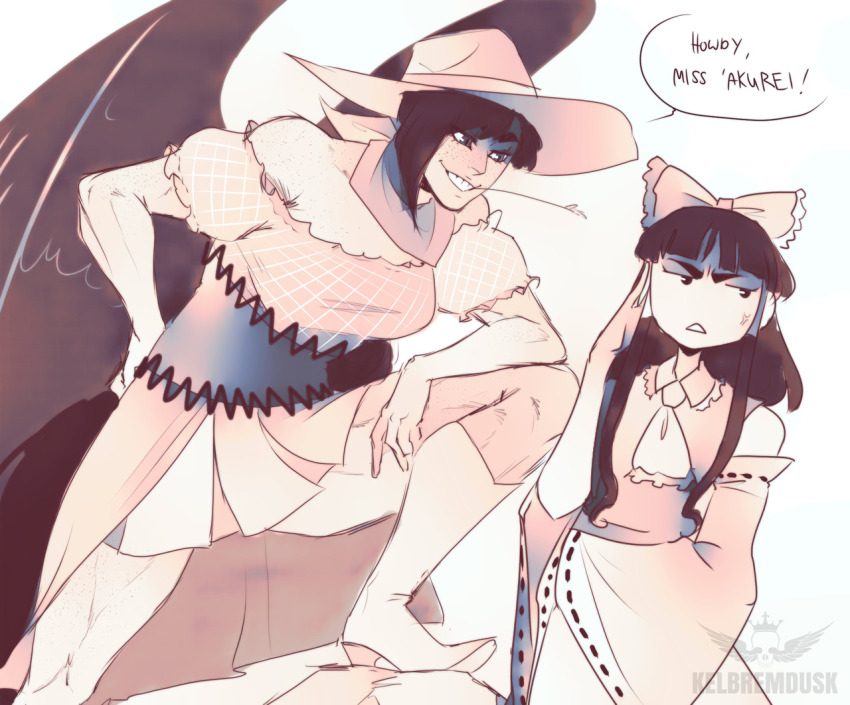 2girls, anger_vein, annoyed, arm_on_knee, artist_name, ascot, bare_shoulders, black_hair, black_wings, boots, bow, breasts, collared_shirt, cowboy_hat, detached_sleeves, dress, english_text, frills, grin, hair_bow, hair_tubes, hakurei_reimu, hand_on_own_face, hat, kelbremdusk, kurokoma_saki, leaning_forward, leg_up, long_sideburns, looking_at_another, looking_away, mouth_hold, multiple_girls, muscular, muscular_female, nontraditional_miko, puffy_short_sleeves, puffy_sleeves, ribbon_trim, scarf, shirt, short_hair, short_sleeves, sideburns, sidelocks, smile, stalk_in_mouth, standing, straw_(stalk), touhou, watermark, wily_beast_and_weakest_creature, wings