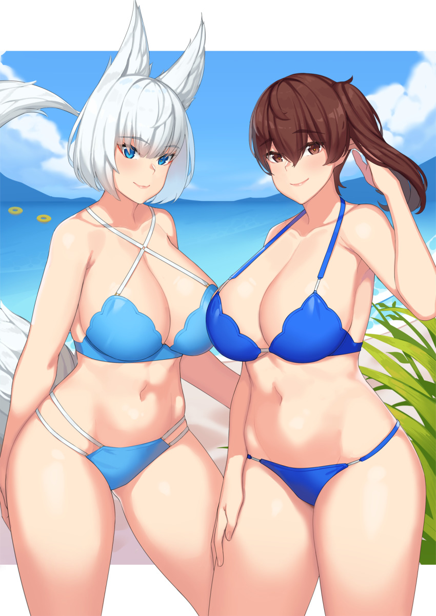 2girls, animal_ears, arm_at_side, arm_behind_back, armpits, azur_lane, bare_shoulders, beach