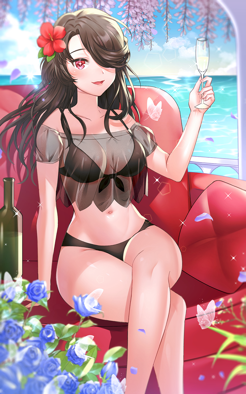 +_+, 1girl, arm_support, bare_shoulders, bikini, black_bikini, black_hair, blue_flower
