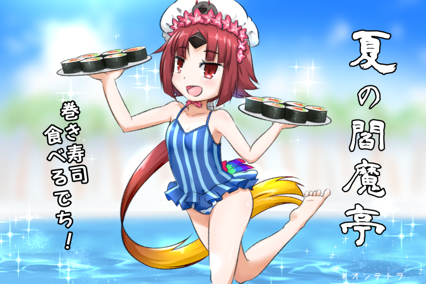 1girl, :d, bare_arms, bare_legs, bare_shoulders, barefoot, beni-enma, beni-enma_(summer_enma-tei)