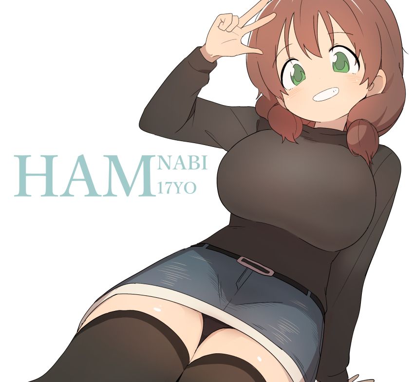 1girl, belt, black_panties, black_sweater, black_thighhighs, blush, breasts, brown_hair