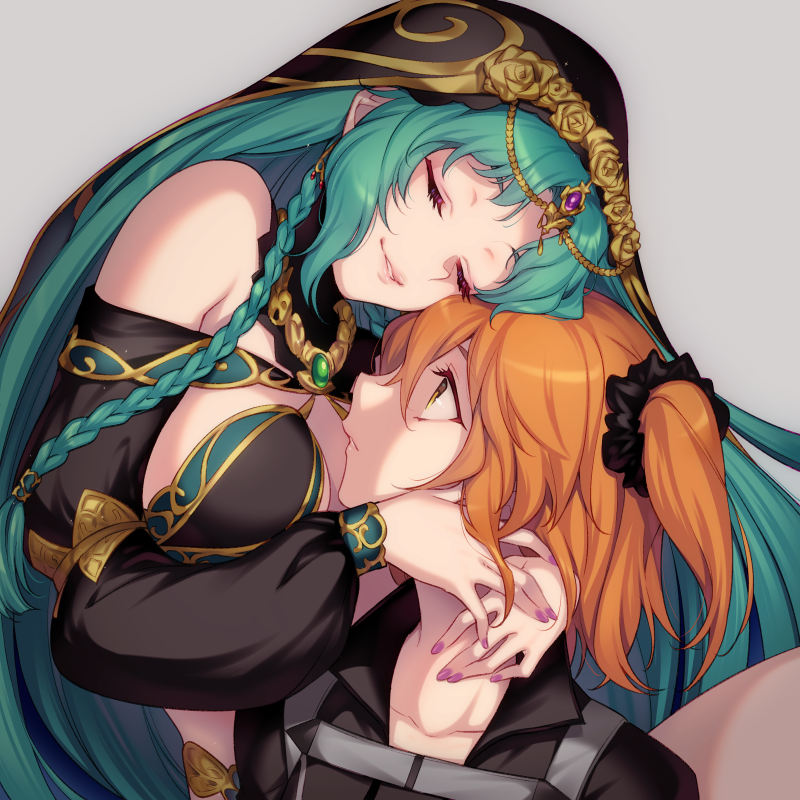 2girls, 7dango7, fate/grand_order, fate_(series), fujimaru_ritsuka_(female), fujimaru_ritsuka_(female)_(polar_chaldea_uniform), green_hair, grey_background