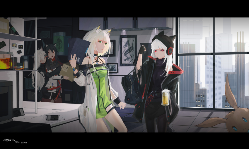 4girls, :o, absurdres, animal_ear_fluff, animal_ears, animal_hat, arknights, artist_name