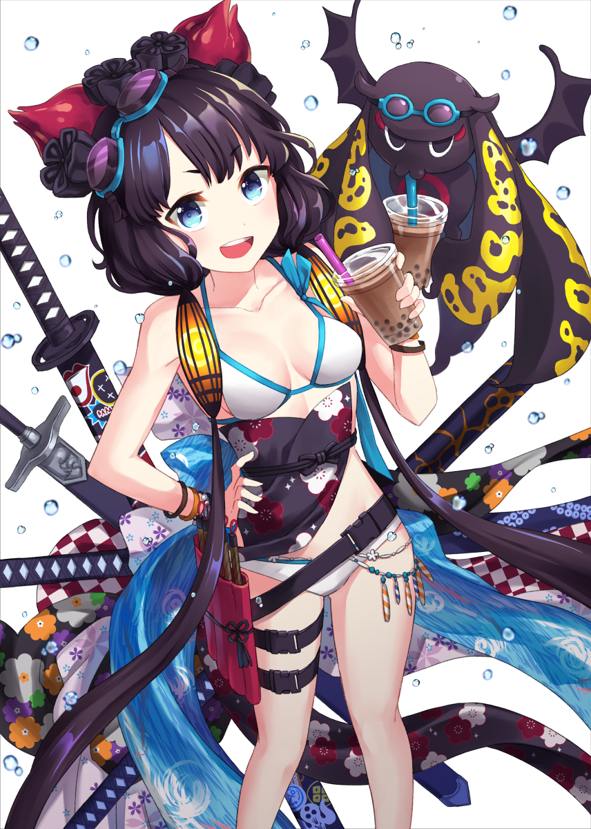 1girl, bare_shoulders, bikini, blue_eyes, bracelet, breasts, bubble_tea, coconat_summer