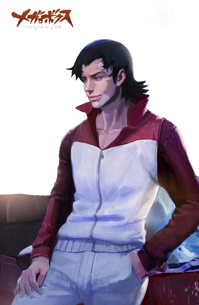1boy, absurdres, bandages, bandage_on_face, black_hair, copyright_name, dong_wensen, hand_in_pocket, highres, long_sleeves, male_focus, megalobox, pants, shirato_mikio, simple_background, solo, white_background, white_pants