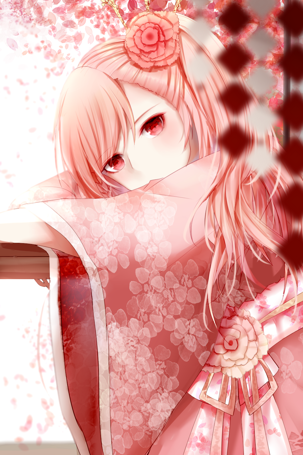 1girl, against_railing, female_focus, floral_print, girls'_frontline, hair_ornament, highres, japanese_clothes